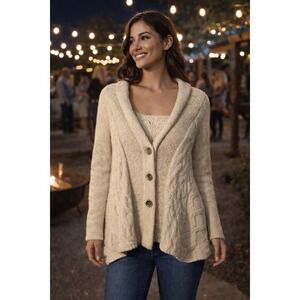Free People Far Away Cable Knit Shawl Button Front Cream Cardigan Size Small
